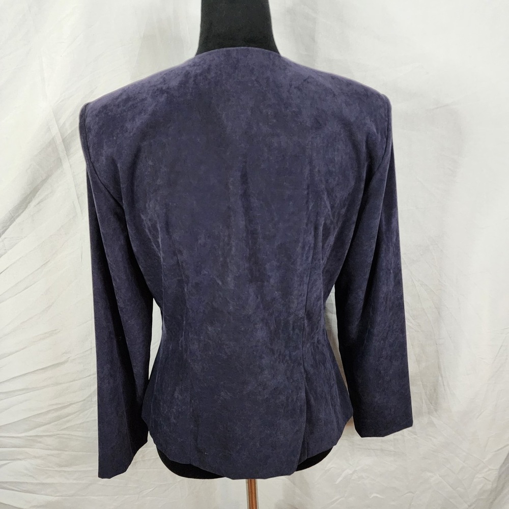 Vintage LESLIE FAY Size 8 Blue Colorblock 2pc Micro Suede Skirt Suit Collarless - Picture 6 of 14